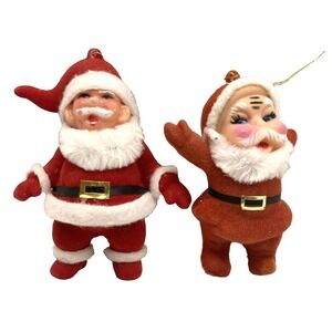 Lot of 2 Vintage Flocked Santa Claus Christmas Ornaments Japan 1950's